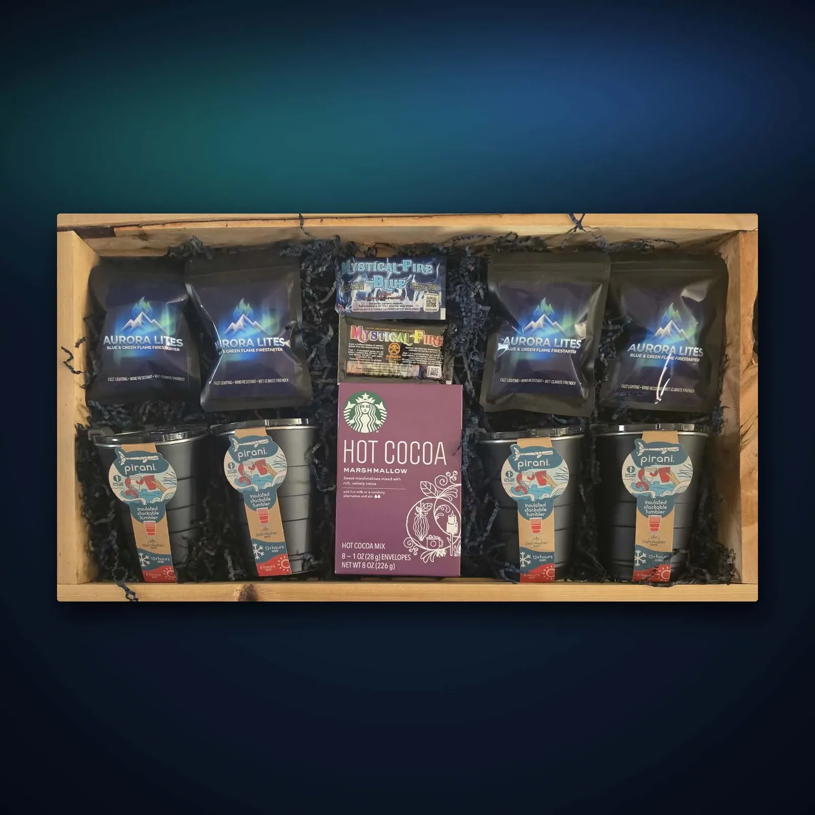 Aurora Fireside Cocoa Club gift crate with tumblers