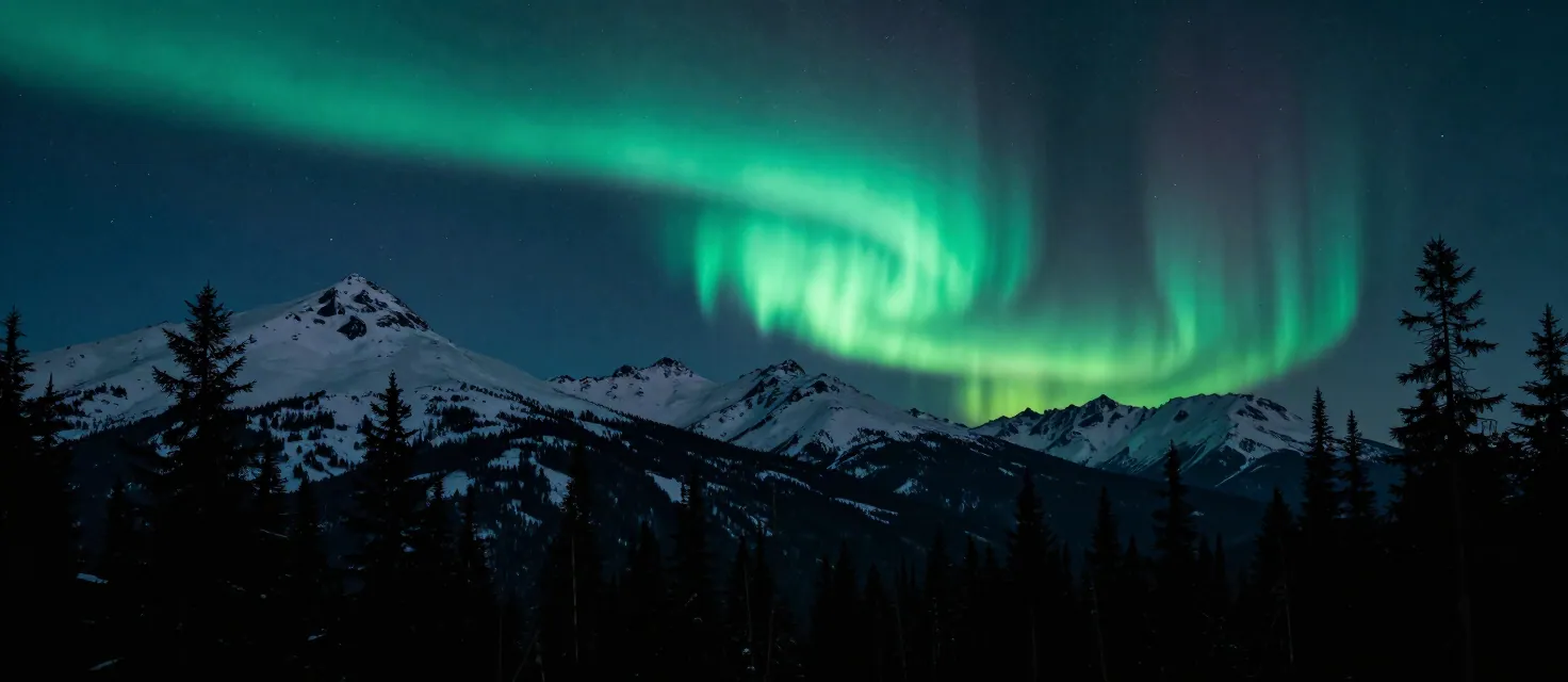 Aurora borealis glowing over the Cascade mountains near Concrete, Washington