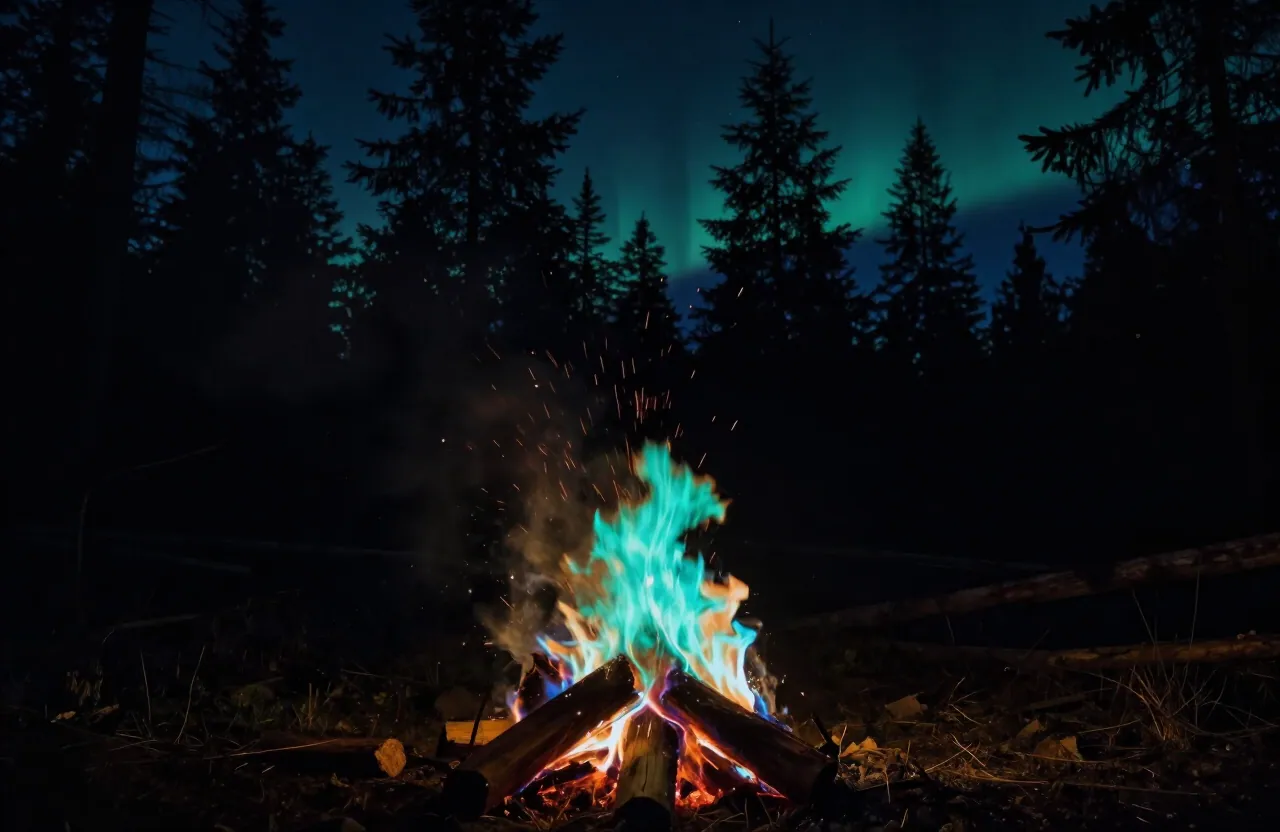 Campfire burning with teal and green flames in a Washington forest at night