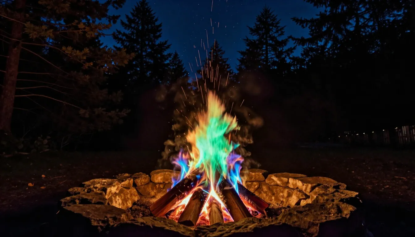 Illustration of a stone fire pit at night with flames burning in vivid blue and green
