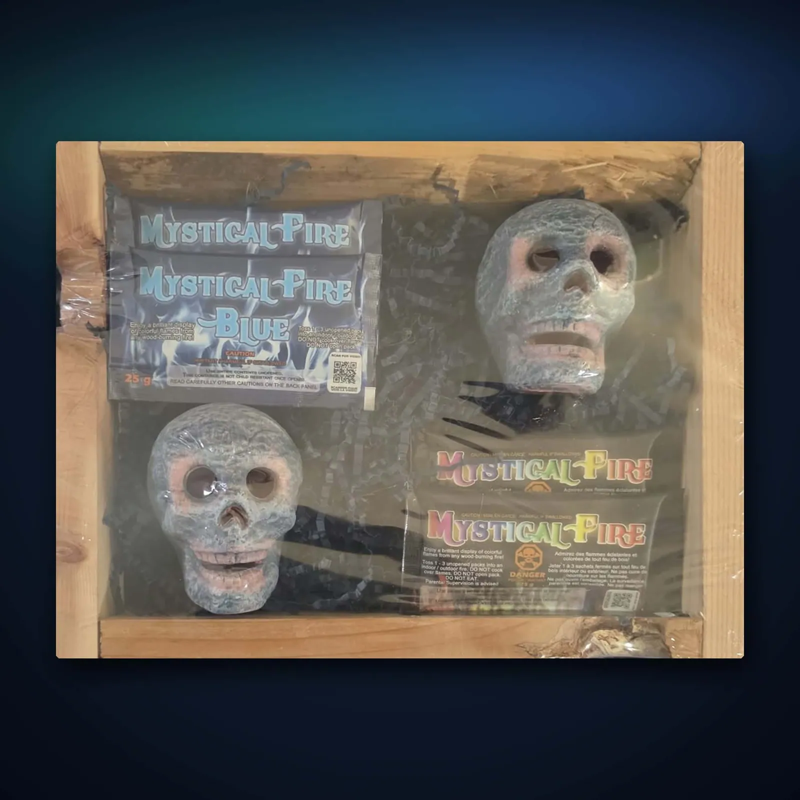 Bonfire Bones ceramic fire pit skulls in a wooden crate